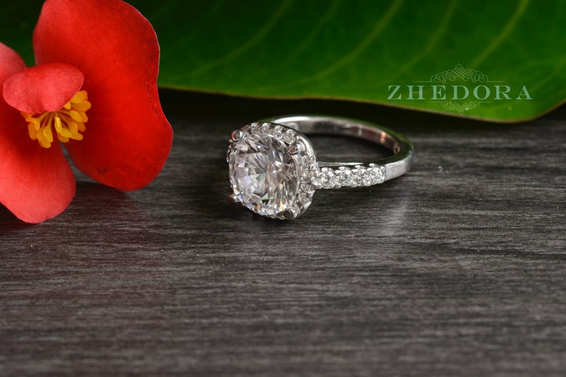 Sterling Silver Solitaire Bridal Ring 2.4 CT Square Halo Engagement Ring Brilliant Round Cut Simulated Stone With Accents