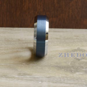 8mm Blue Men's Tungsten Wedding Band - Brushed Two-Tone High Polish Comfort Fit Ring - Size 9 - View #2