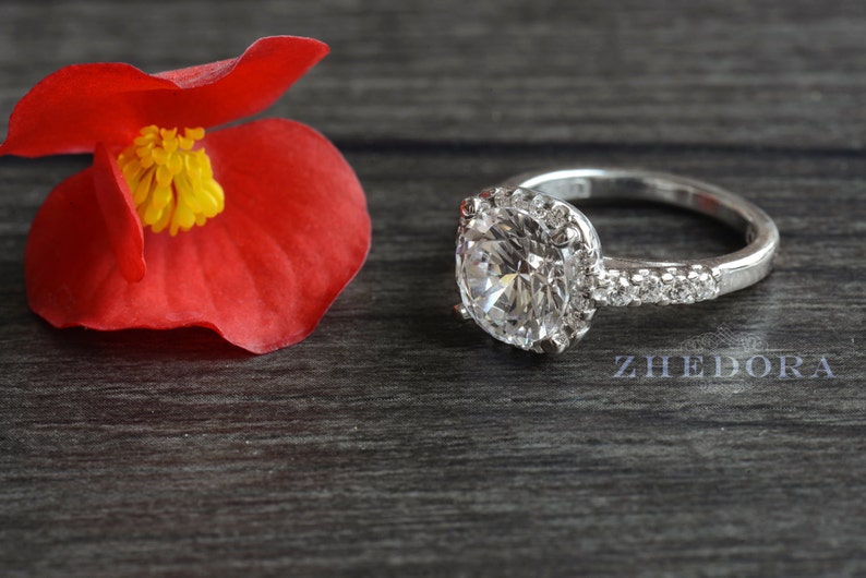 Sterling Silver Solitaire Bridal Ring 2.4 CT Square Halo Engagement Ring Brilliant Round Cut Simulated Stone With Accents