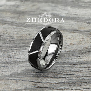 Mens Tungsten Ring Two Tone Brushed Center Tungsten Mens Band Polished Trapezoid Mens Wedding Band Shiny Stepped Edges Mens Anniversary Ring