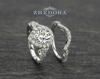 Pear Cut Engagement Ring, Swirl Engagement Set Rhodium Plated Pear Shape Bridal Twisty Shank Wedding Set Halo Pear Shape Ring