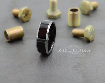 Tungsten Mens Ring Mens Wedding Band Flat Brushed Dark Center Tungsten Mens Band High Polish Beveled Edge Mens Ring Anniversary Ring