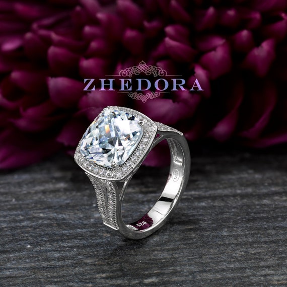 Split Shank Cushion Cut Engagement Ring Square Halo Ring With Etsy