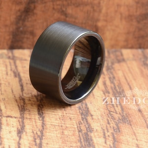 Mens Ring Tungsten Ring Black Ion Plated Tungsten Mens Band Brushed Pipe Mens Wedding Band 12mm Anniversary Ring