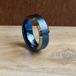 8mm Blue Men's Tungsten Wedding Band - Brushed Two-Tone High Polish Comfort Fit Ring - Size 9 - View #5