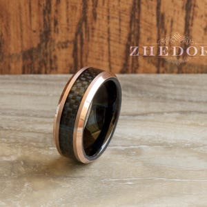 Mens Ring Two-Tone Tungsten Ring Rose Gold Plated Edges, Black Carbon Fiber Inlay Tungsten Mens Band Mens Wedding Band Anniversary Ring