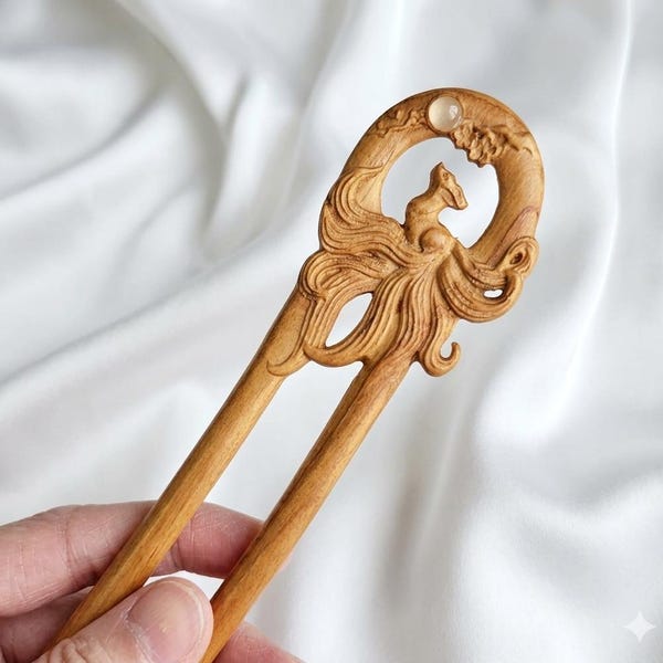 Épingle en U renard à neuf queues sculptée à la main - fourche à cheveux Kitsune mythique - épingle à cheveux double en bois de pêcher - accessoire pour cheveux esprit renard céleste