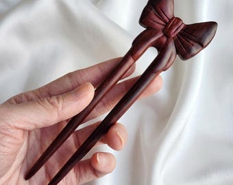Hand-Carved Wooden Bow U Pin - Dark Sandalwood Double-Pronged Hair Pin - Coquette Aesthetic Hair Fork - Elegant Ribbon Bow Bun Holder