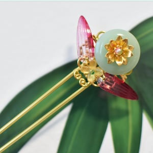 Jade Flower Hair Pin/ Golden Hair stick/ Chinese Hair Accessories/ Bridal Hair Accessories/ Birthday Gift