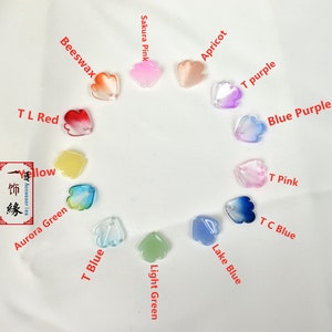 May include: A variety of flower-shaped glass beads in different colors, including beeswax, T L red, yellow, aurora green, T blue, light green, lake blue, T C blue, T pink, blue purple, T purple, apricot, and sakura pink.