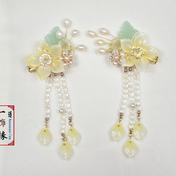 A Pair Of Autumn Yellow Flower Water Pearl Hair Clip With Dangle Chinese Hanfu Hair Clips/Asian Hanfu Bridal Hair Accessories