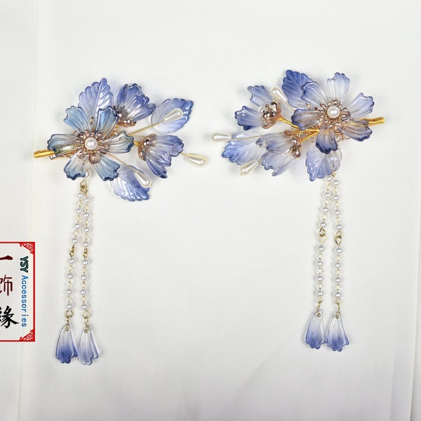 A Pair of Transparent Crystal Blue Hair Clip With Dangle, Chinese Asian Hanfu Wedding Bridal Golden Children Hair Clip