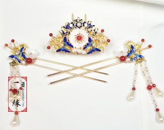 A  Set of Butterfly Blue Enamel Hanfu Golden Hair Pin Hair stick  Hair Comb Set / Asian Bridal Wedding Hanfu Hair Accessories