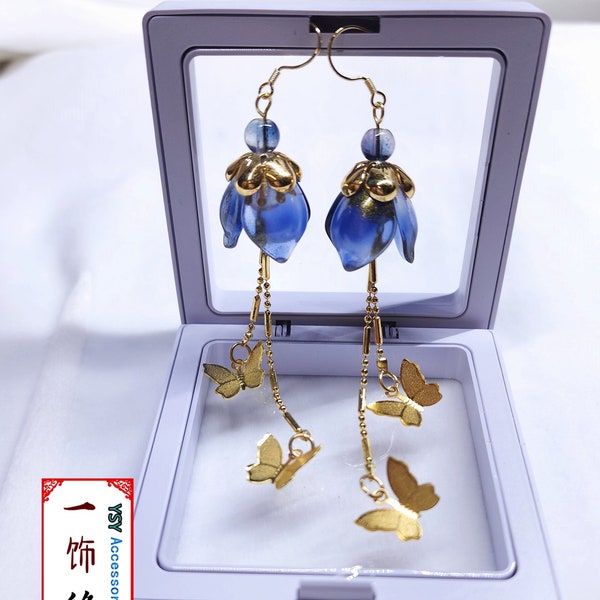 Dark Blue Flower Chinese Wire Hook Drop Earring Display Box 925 Sterling Silver Dangle Earrings /Asian Drop Earrings