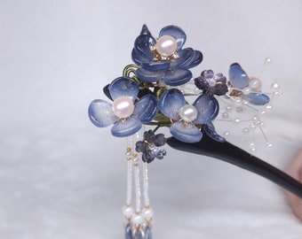From Japan Floral Kanzashi Hair Stick with Pearl Dangles - Black & Lavender Handmade Ebony Wood Hair Stick: Purple Hydrangea Floral  main image 2
