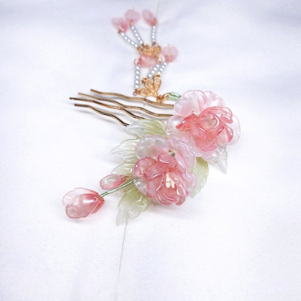 Shinning Pink Glass Floral Hair Comb With Tassel / Asian Hanfu Hair Jewelry Accessories/ Chinese Bridal Hair Pieces
