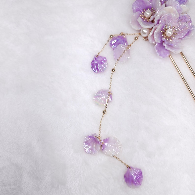 Purple Floral Hair Fork with Tassels, Handcrafted Hanfu Hair Stick, Lavender Resin Flower Hairpin, Bridal Cherry Blossom Headpiece, Kanzashi image 5