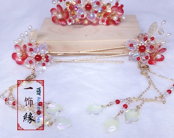 Crimson Dynasty Hair Set: Ancient Chinese Style with Fairy Pearl Accents/ Bridal Wedding Hanfu Hair Accessories