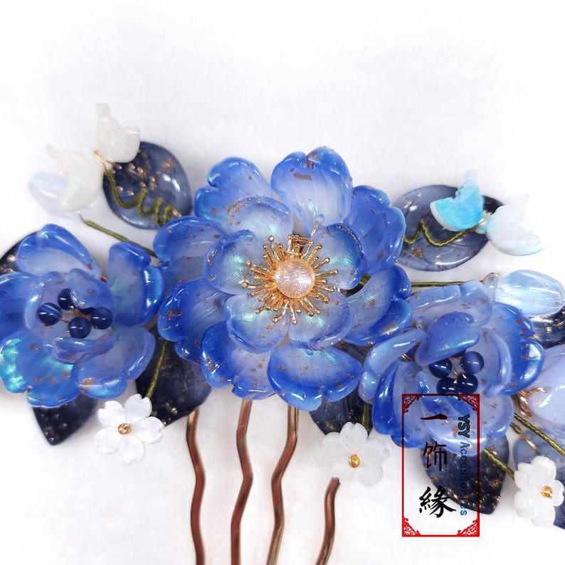 Blue Peony Hair Comb, Ethereal Flower Hair Fork, Bridal Something Blue ...