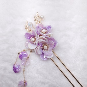 Purple Floral Hair Fork with Tassels, Handcrafted Hanfu Hair Stick, Lavender Resin Flower Hairpin, Bridal Cherry Blossom Headpiece, Kanzashi Only A Hair Pin
