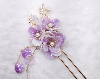 From Japan Floral Kanzashi Hair Stick with Pearl Dangles - Black & Lavender Handmade Ebony Wood Hair Stick: Purple Hydrangea Floral  main image 4