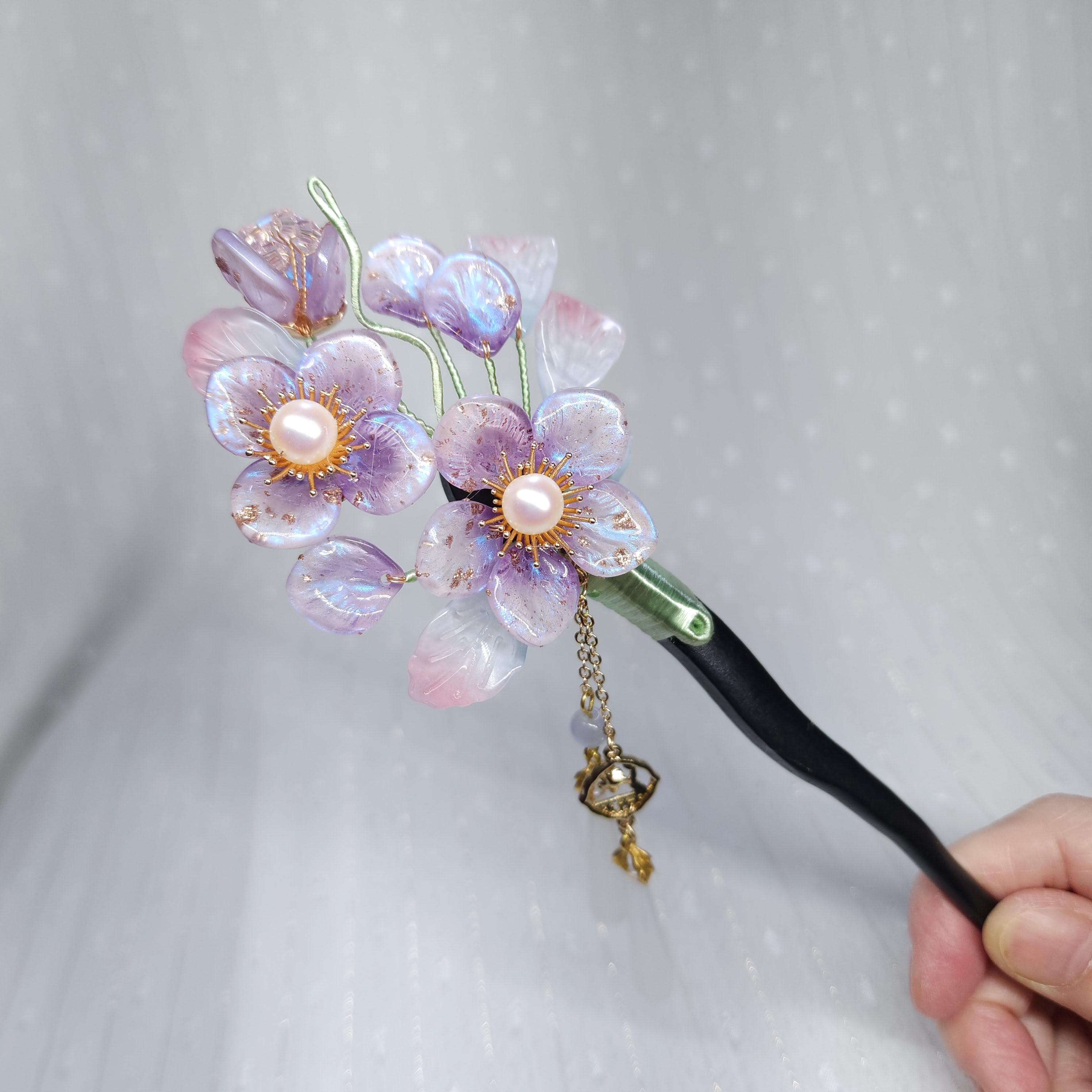 Iridescent Cherry Blossom Hair Stick, Purple Flower Wooden Hair Pin with Pearl, Hanfu Hair Accessory with Dangle, Sakura Updo, Gift for Her