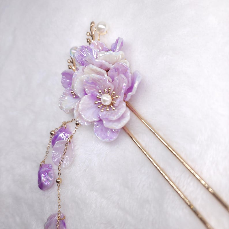Purple Floral Hair Fork with Tassels, Handcrafted Hanfu Hair Stick, Lavender Resin Flower Hairpin, Bridal Cherry Blossom Headpiece, Kanzashi image 4