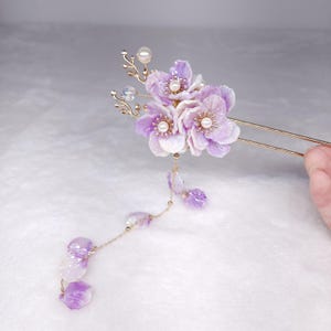 Purple Floral Hair Fork with Tassels, Handcrafted Hanfu Hair Stick, Lavender Resin Flower Hairpin, Bridal Cherry Blossom Headpiece, Kanzashi image 8