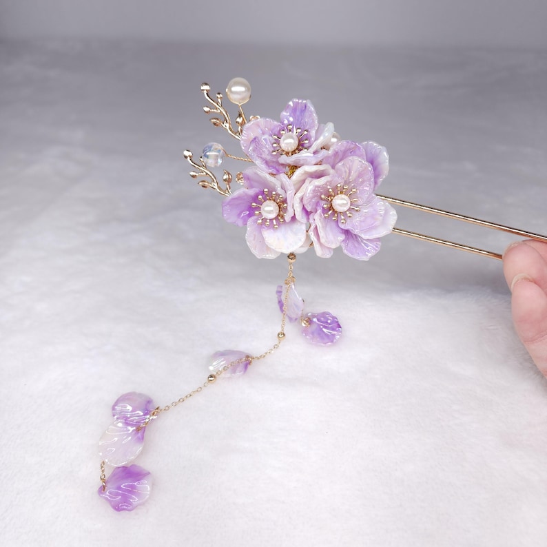 Purple Floral Hair Fork with Tassels, Handcrafted Hanfu Hair Stick, Lavender Resin Flower Hairpin, Bridal Cherry Blossom Headpiece, Kanzashi image 8