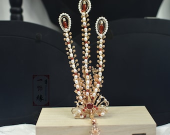 Luxury Golden Phoenix Hanfu Birdal Water Pearl Red Agate Hair Crown/Asian Hanfu Bridal Hair Accessories/Birthday Gift