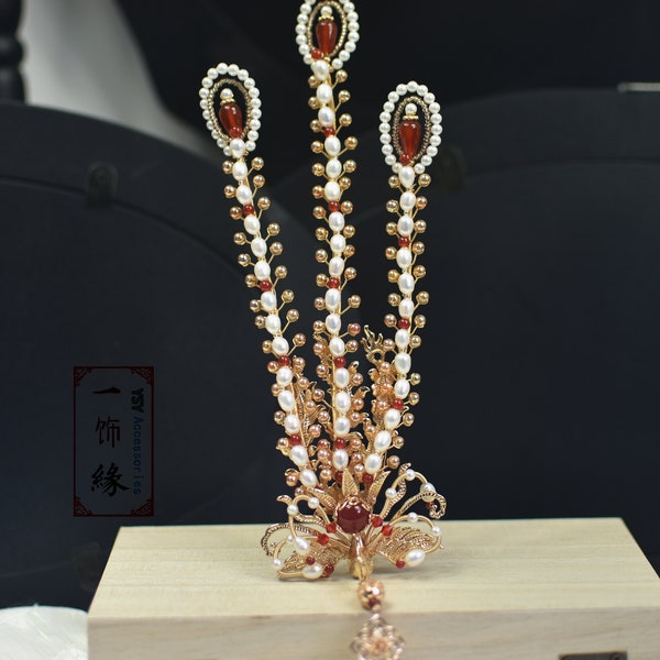 Luxury Golden Phoenix Hanfu Birdal Water Pearl Red Agate Hair Crown/Asian Hanfu Bridal Hair Accessories/Birthday Gift