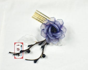 Masterpiece- Black Fading Rose Flower Chinese Golden Hair Pin Hair Comb/Asian Hanfu Prom Bridal Hair Jewelry Accessories