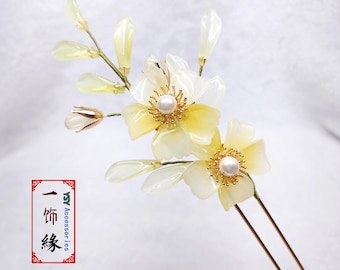 Yellow Floral Hanfu Hair Accessories, Pearl Tassel Hairpins  display picture 2