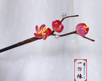 Red Plum Flower Wooden Hair Stick - Elegant and Classic Hair Accessory