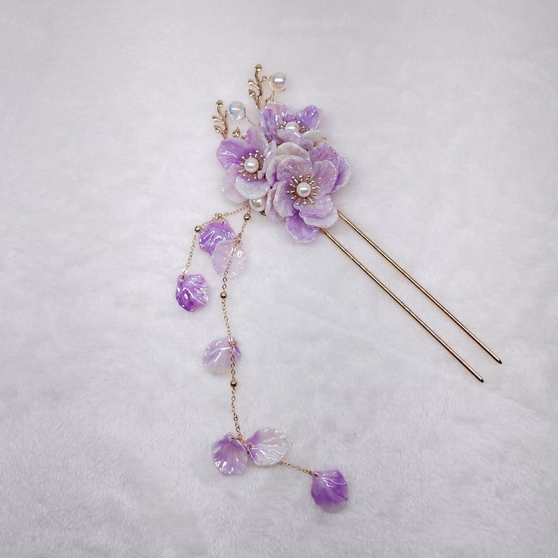 Purple Floral Hair Fork with Tassels, Handcrafted Hanfu Hair Stick, Lavender Resin Flower Hairpin, Bridal Cherry Blossom Headpiece, Kanzashi image 3