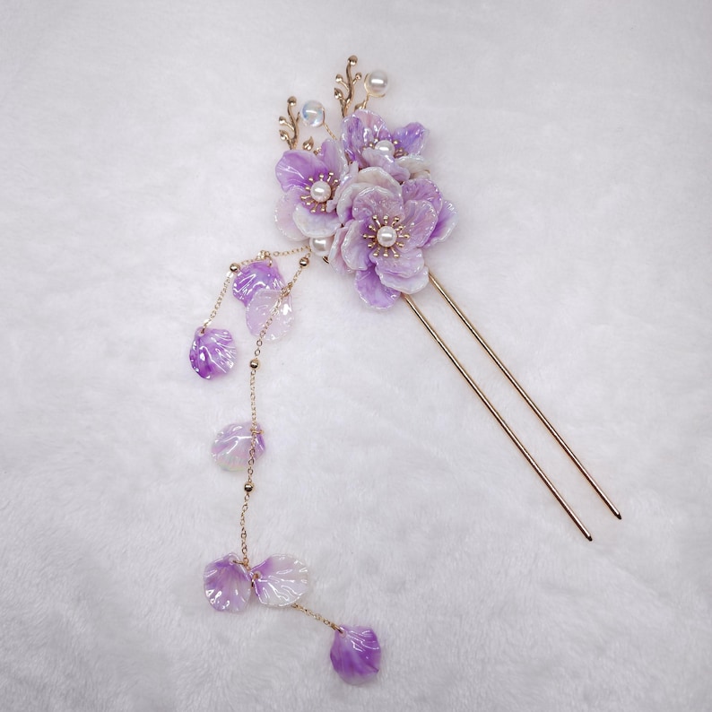 Purple Floral Hair Fork with Tassels, Handcrafted Hanfu Hair Stick, Lavender Resin Flower Hairpin, Bridal Cherry Blossom Headpiece, Kanzashi image 2