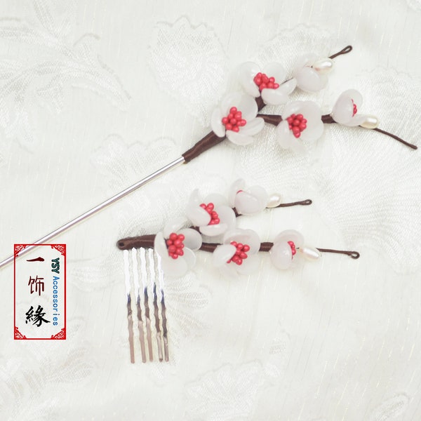 Classic White Plum Flower Water Pearl Hanfu Silver Hair Stick Hair Comb Combo Set