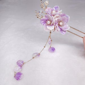Purple Floral Hair Fork with Tassels, Handcrafted Hanfu Hair Stick, Lavender Resin Flower Hairpin, Bridal Cherry Blossom Headpiece, Kanzashi image 9