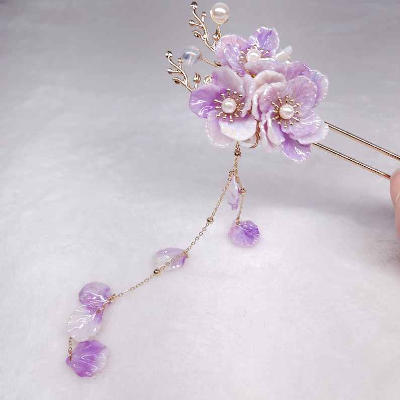 Purple Floral Hair Fork with Tassels, Handcrafted Hanfu Hair Stick, Lavender Resin Flower Hairpin, Bridal Cherry Blossom Headpiece, Kanzashi image 9