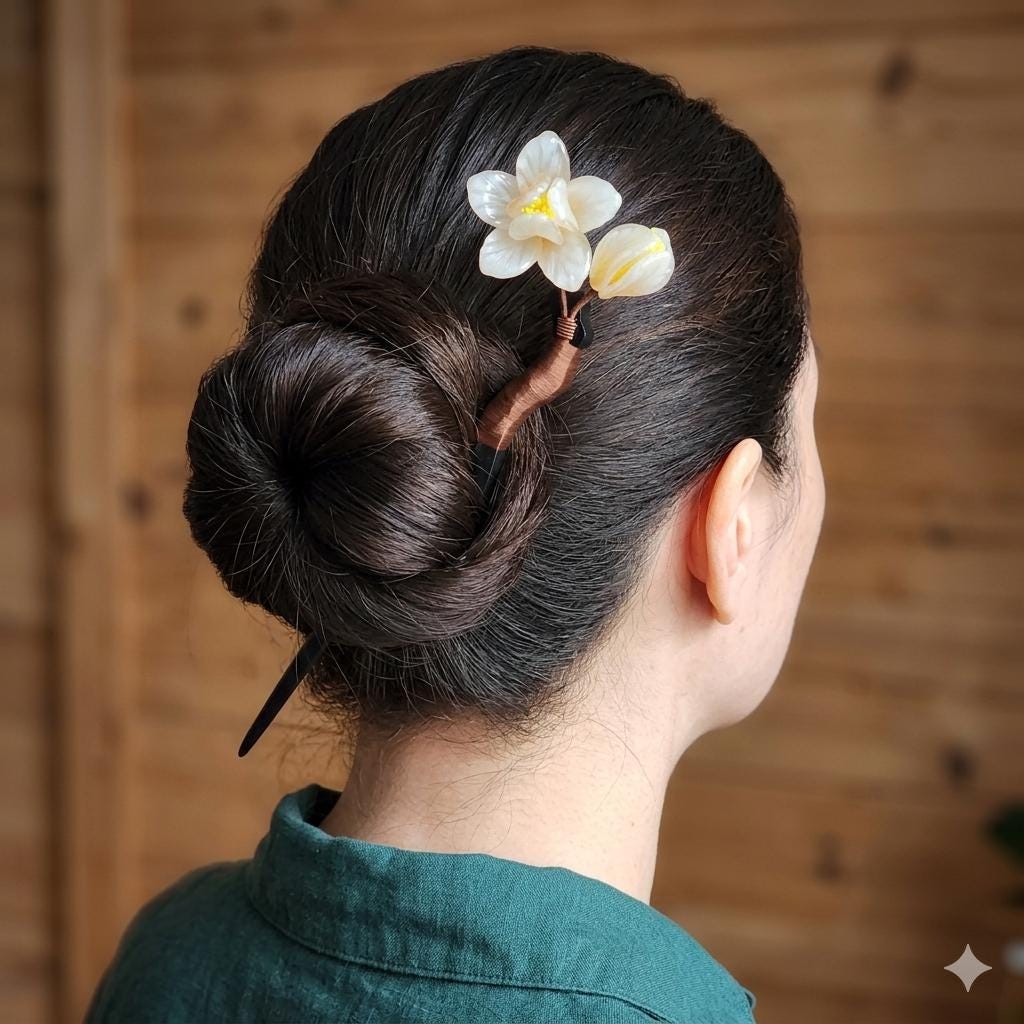 Simple And Beautiful White Floral Blossom Hair Pin For Daily Wear / Light Weight Wooden Magnolia Flower Hair Stick