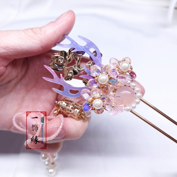 Purple Deer Horn Golden Hair Pin With Tassel Chinese Hanfu  display picture 2
