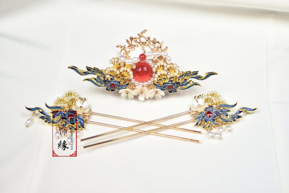 A Set of Phoenix Blue Enamel Hanfu Golden Hair Pin Hair stick  Hair Crown Set / Asian Bridal Wedding Hanfu Hair Accessories