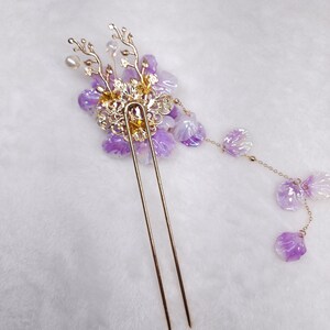 Purple Floral Hair Fork with Tassels, Handcrafted Hanfu Hair Stick, Lavender Resin Flower Hairpin, Bridal Cherry Blossom Headpiece, Kanzashi image 7
