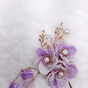 Purple Floral Hair Fork with Tassels, Handcrafted Hanfu Hair Stick, Lavender Resin Flower Hairpin, Bridal Cherry Blossom Headpiece, Kanzashi image 6