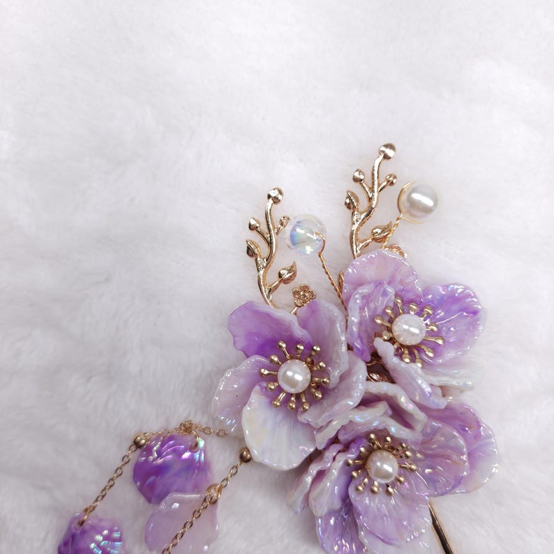 Purple Floral Hair Fork with Tassels, Handcrafted Hanfu Hair Stick, Lavender Resin Flower Hairpin, Bridal Cherry Blossom Headpiece, Kanzashi image 6