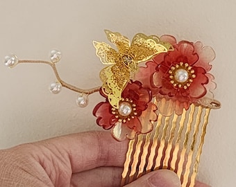 A Red Peony Butterfly Hair Combs/ Golden Hair stick/Hair Pin/ Asian Hair Accessories/ Bridal Hair Accessories/ Birthday Gift