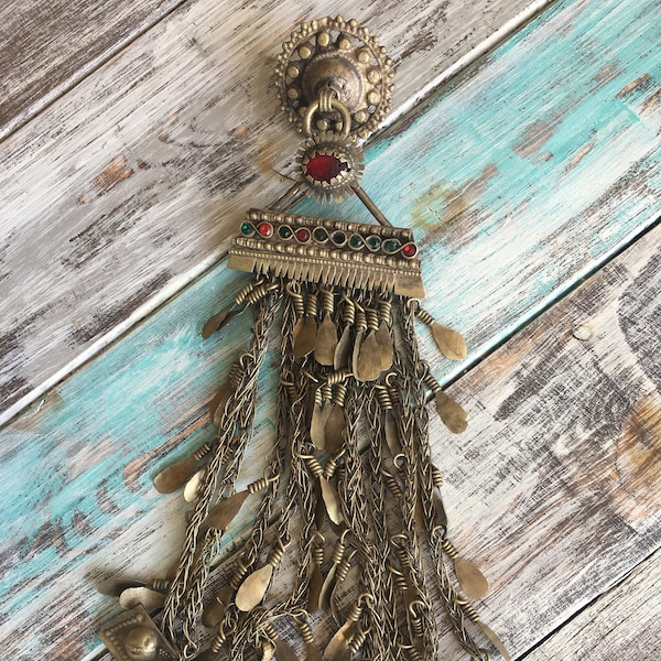 Vintage Afghan Kuchi Banjara Turkoman   Chest Pendant Medallion Dangles Tassels Tribal HUGE