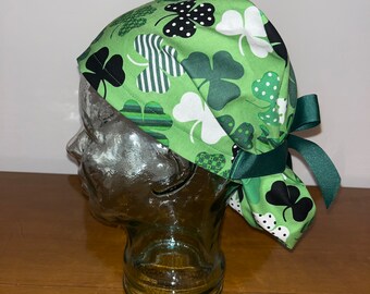 Striped Shamrock European Scrub Cap with Green Ribbon Ties