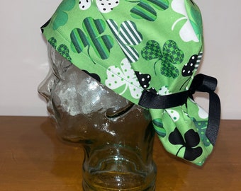 Printed Shamrock European Scrub Cap with Black Ribbon Ties
