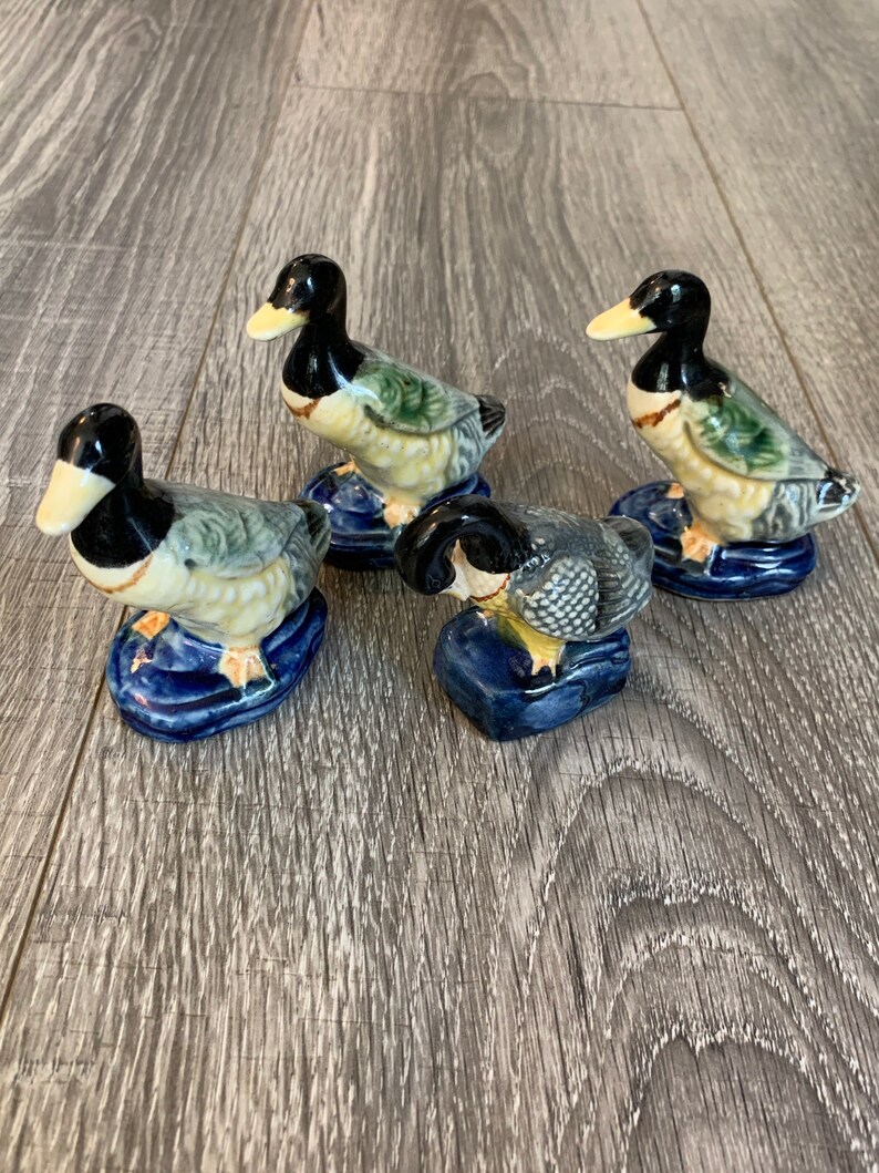 Ceramic Duck Black Head Duck Vintage Duck Figurine Set Made in Occupied Japan Small Duck